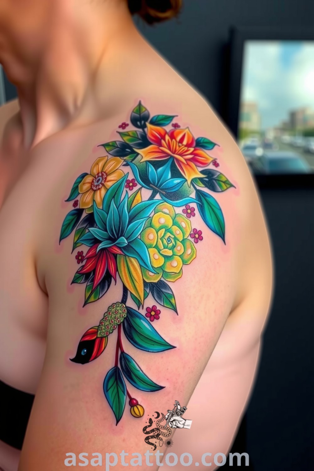 Mosaic floral tattoo on the shoulder, featuring rich emerald greens, deep blues, and warm earth tones. A gorgeous and inspiring tattoo idea you must see to believe. asaptattoo.com