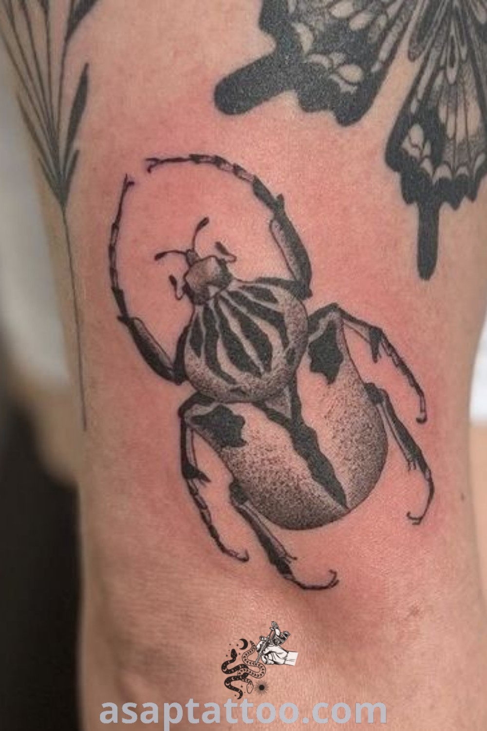 Stunning tattoo of an arm featuring an Elephant Beetle surrounded by butterflies, showcasing artistic beauty and inspiring bug-themed tattoo ideas. Explore more at asaptattoo.com.