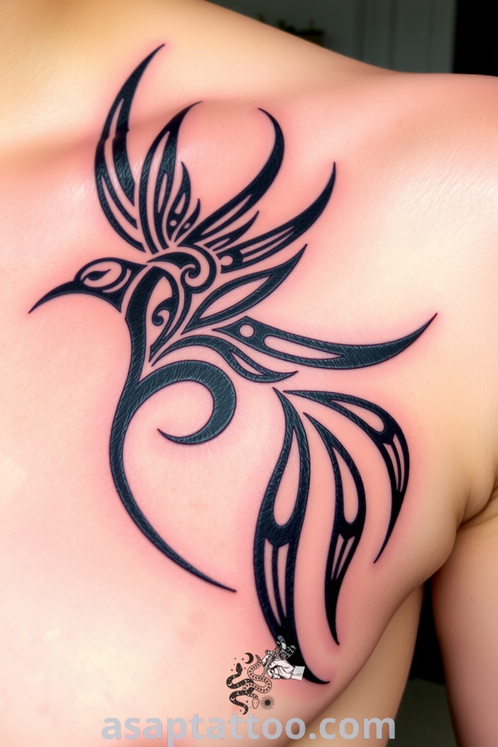 Tribal bird tattoo on the shoulder with intricate linework, rich black ink, and deep shading, representing strength and connection to nature. An amazing tattoo idea you must see to believe. asaptattoo.com