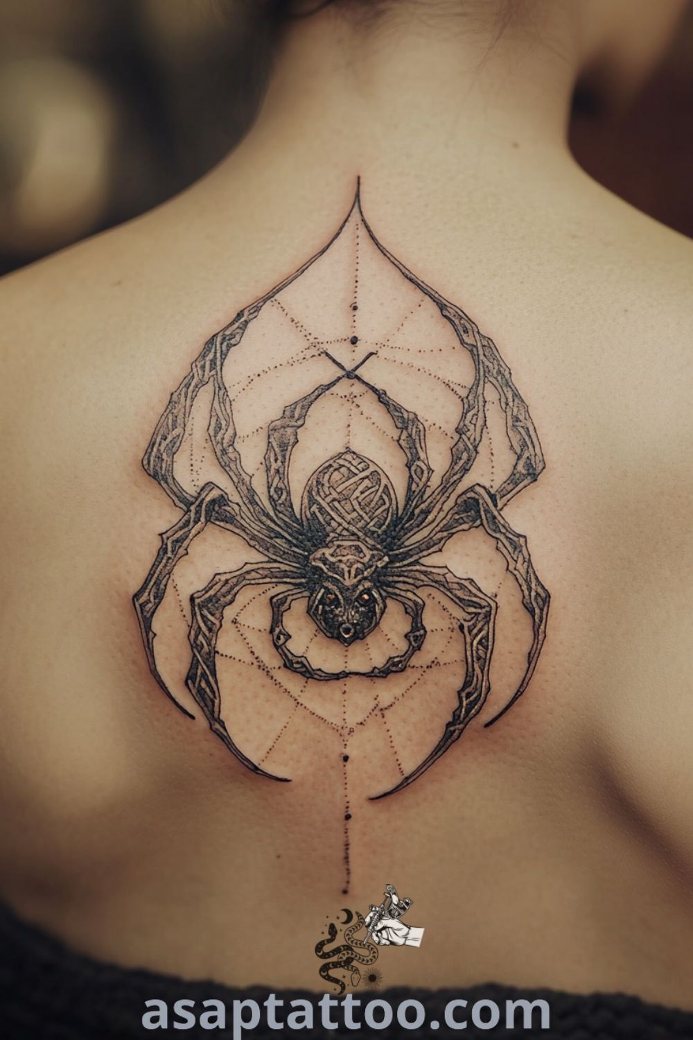 Celtic spider tattoo with intricate patterns and shading on a shoulder blade, showcasing an elaborate web design. A gorgeous tattoo idea you must see to believe. asaptattoo.com