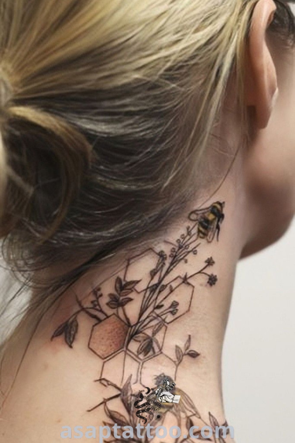 Stunning bee tattoos featuring a variety of styles including bee arm tattoos for women, large bee tattoo, honeycomb ear tattoo, and bee hive tattoo. Discover inspiring and meaningful designs at asaptattoo.com.
