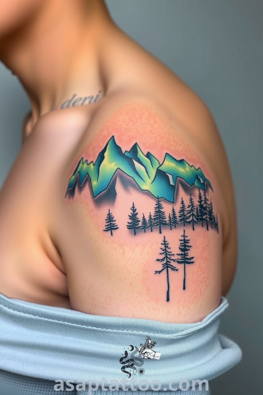 Surreal mountain and forest tattoo with intricate linework in blended green and blue shades, showcasing a misty landscape. An amazing tattoo idea you must see to believe. asaptattoo.com
