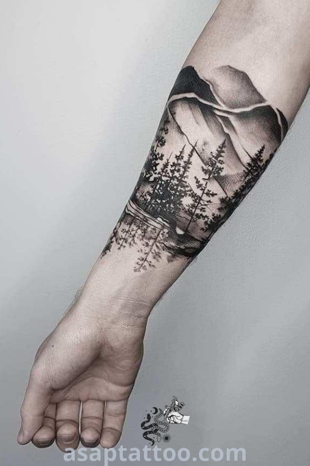 Outdoor mountain tattoo sleeve with gorgeous landscape and forest details. Ideal for women considering mountain leg tattoos and elegant outdoor designs. Discover more ideas at asaptattoo.com.