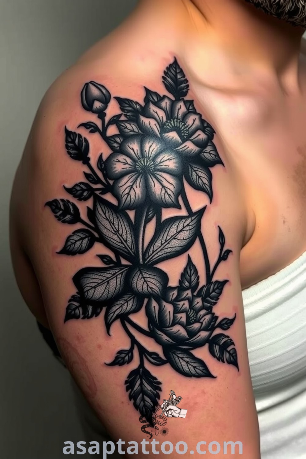 Chiaroscuro plants tattoo on a shoulder with intricate foliage designs in deep blacks and rich grays, creating dramatic depth and artistic expression. This design is one of the best tattoo ideas you have to see to believe. asaptattoo.com