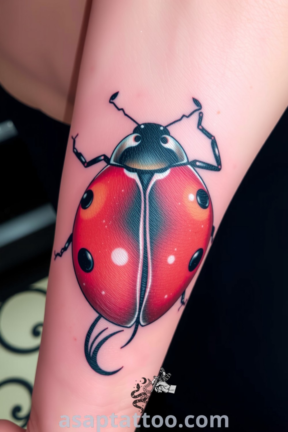 3D ladybug tattoo with red and black colors that appear vibrant and lively, featuring intricate linework and highlights for depth. A gorgeous tattoo idea you must see to believe. asaptattoo.com