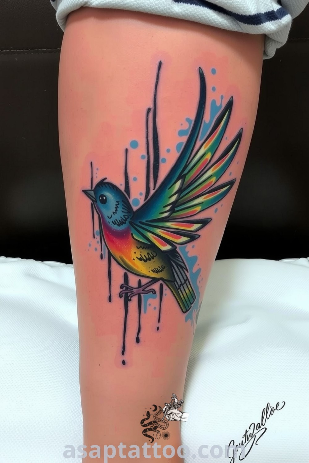 Graffiti bird tattoo on leg with dynamic colors of blue, green, and orange. Featuring intricate linework and splatter effects, this piece is a gorgeous tattoo idea you must see to believe. asaptattoo.com