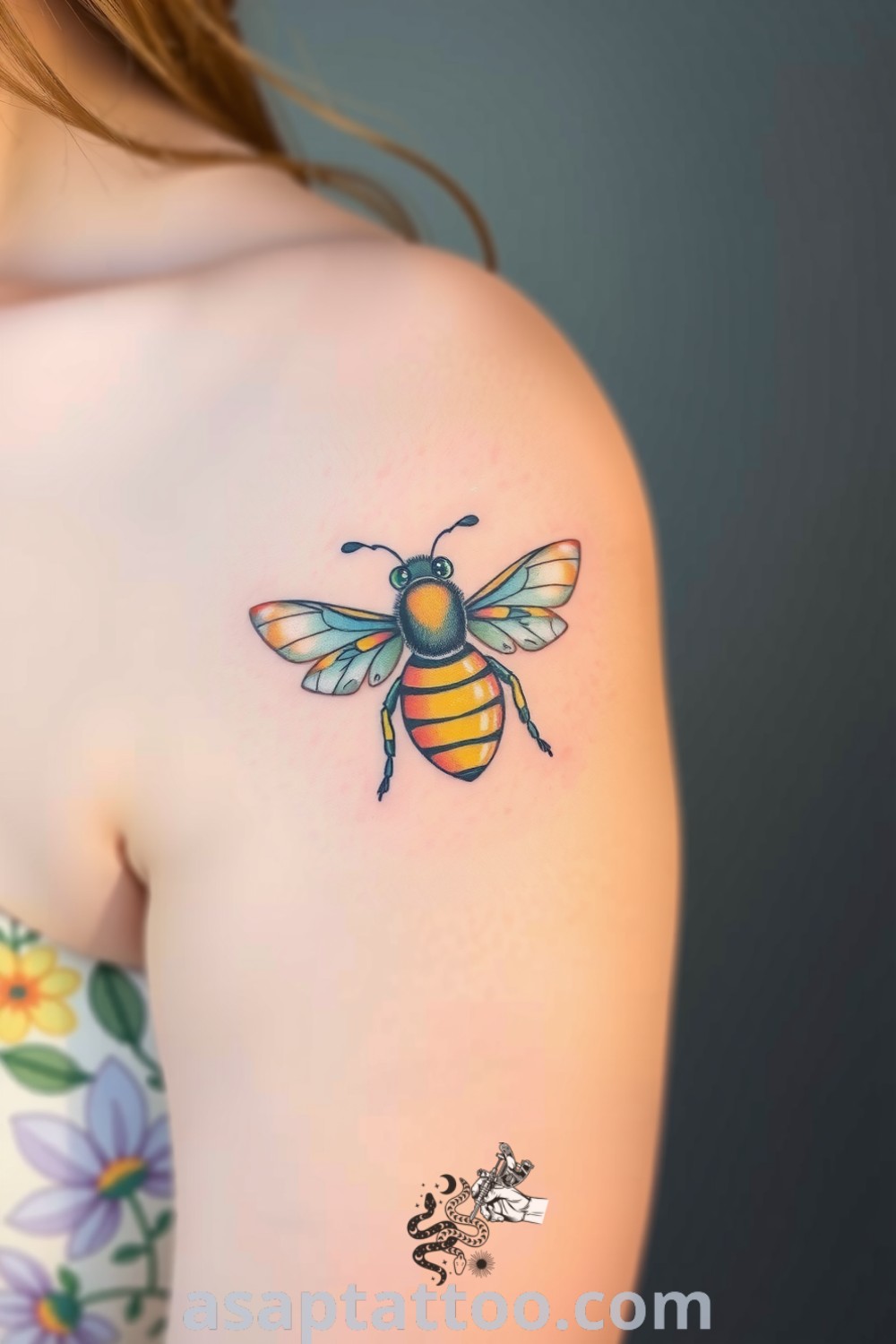 Pastel bee tattoo with intricate linework and soft gradients of blue and yellow, radiating joy and beauty. A stunning tattoo idea you must see to believe. asaptattoo.com