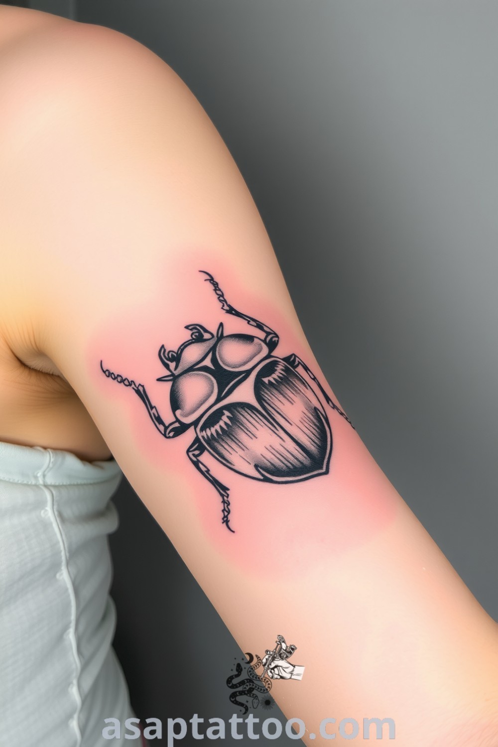 Monochrome beetle tattoo with intricate linework and shading, highlighting textured exoskeleton details. An amazing tattoo idea that perfectly blends with the skin, inspiring body art lovers to get inked. asaptattoo.com