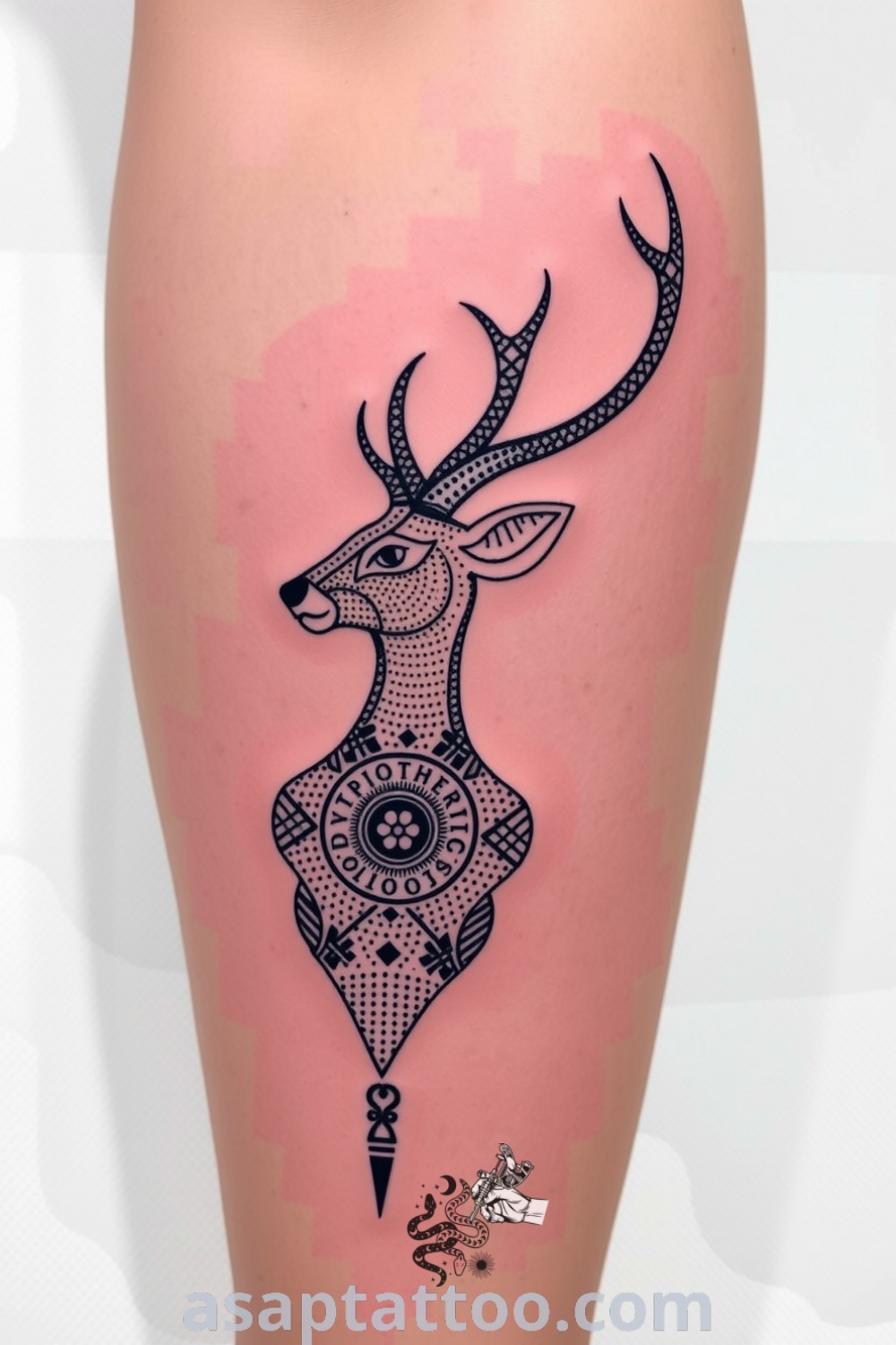 Dotwork deer tattoo showcasing intricate patterns and gradients that create depth and texture. A gorgeous tattoo idea you must see to believe. asaptattoo.com