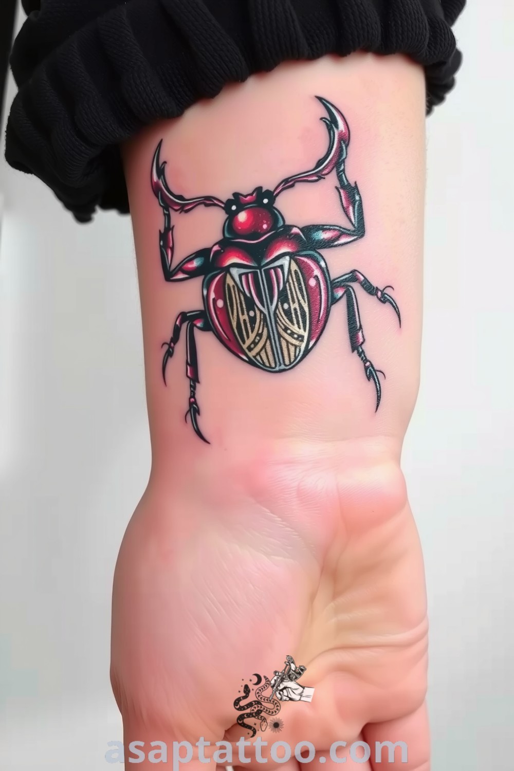 Metallic beetle wrist tattoo with intricate linework, showcasing a gradient of dark and light hues. A gorgeous tattoo idea that symbolizes resilience and transformation, inspiring you to get inked. asaptattoo.com