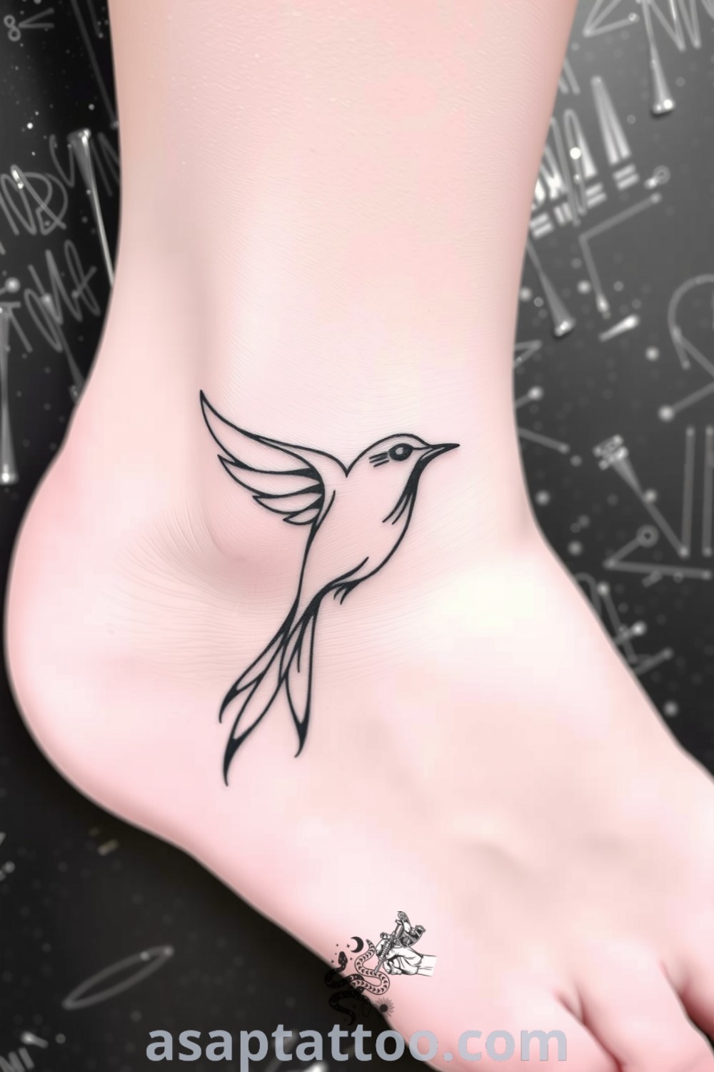 Linework bird tattoo on foot with intricate details and flowing lines, showcasing the beauty of flight in deep black ink. An elegant tattoo idea that will inspire you to get inked. asaptattoo.com