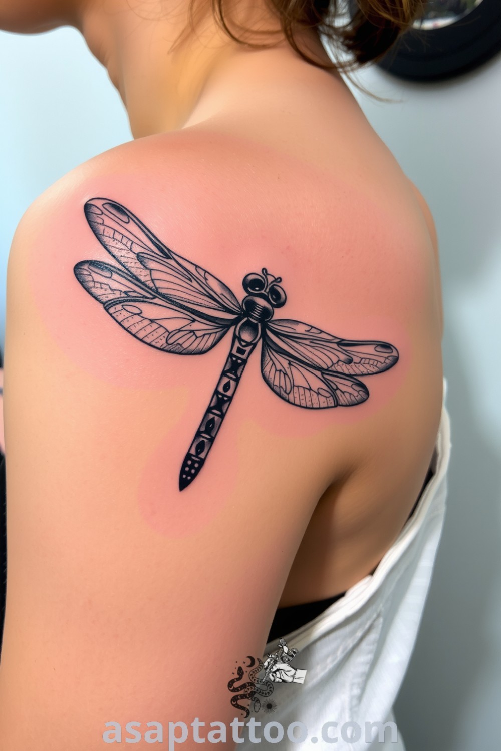 Engraving-style dragonfly tattoo showcasing intricate linework, detailed wings, and gradients for depth. A gorgeous tattoo idea you must see to believe, perfect for those seeking meaningful body art. asaptattoo.com