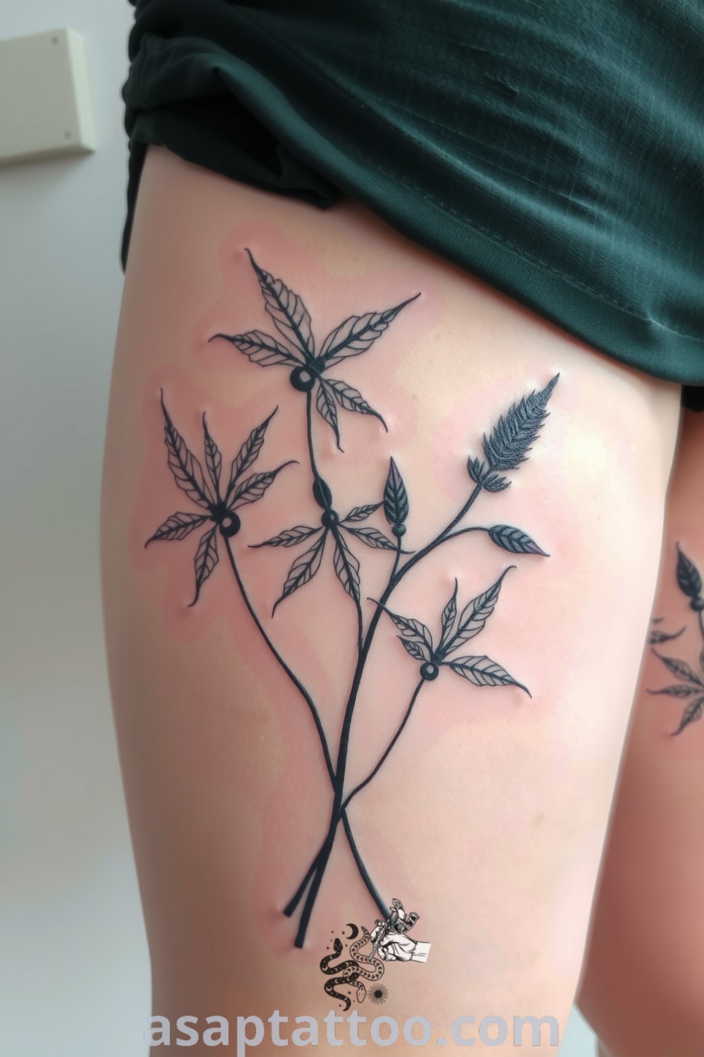 X-ray plant tattoo with transparent leaves and skeletal stems, elegantly designed with soft gradients and subtle shading. This amazing tattoo idea will inspire you to get inked. asaptattoo.com