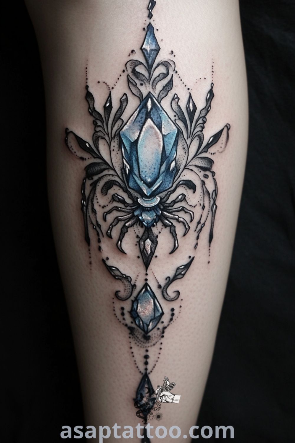 Detailed crystal spider tattoo on the knee with cool blues and shimmering blacks, reflecting light like a gemstone. A gorgeous tattoo idea you must see to believe. asaptattoo.com