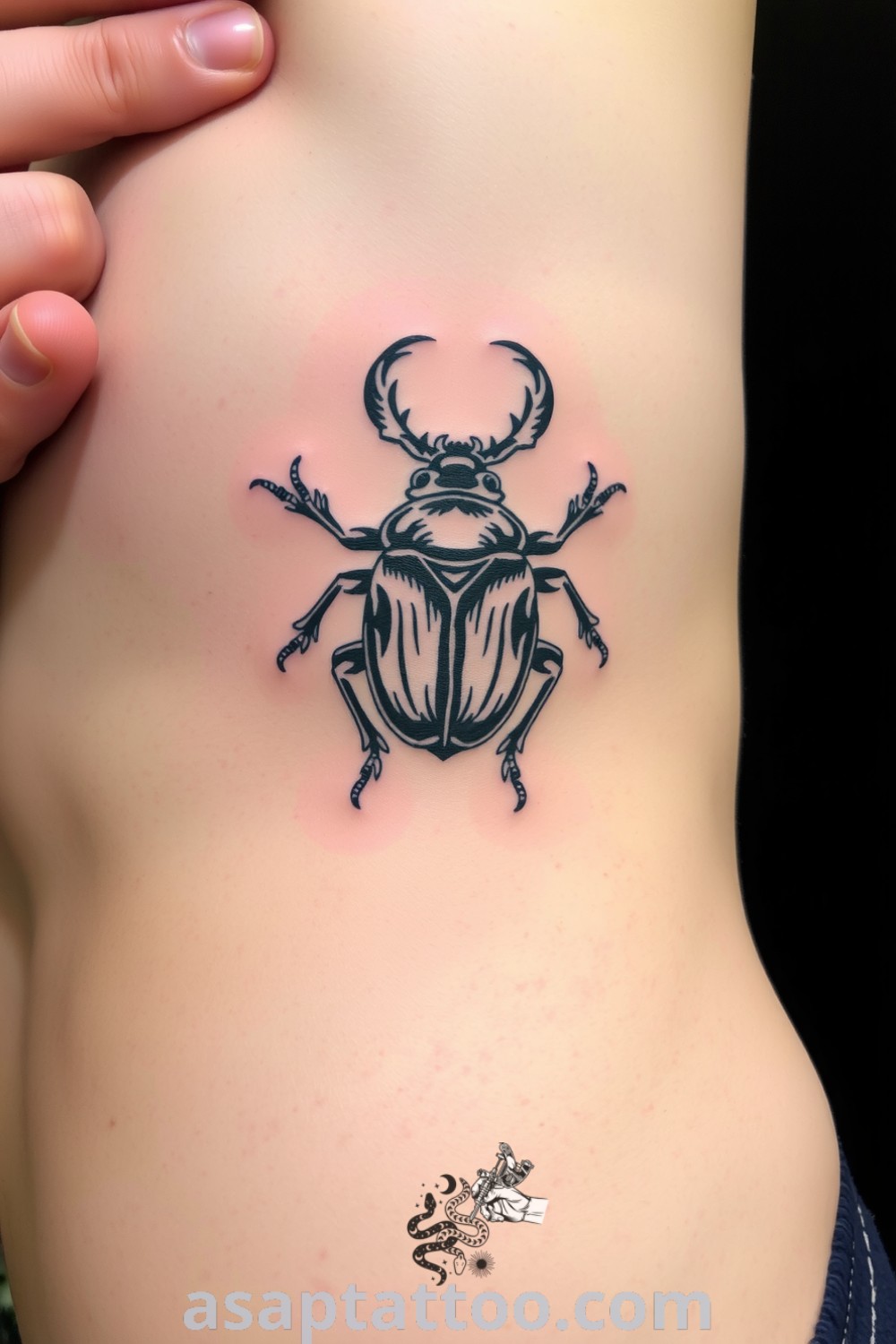 Intricately engraved beetle tattoo on the rib, showcasing detailed linework, shading, and lifelike presence. A gorgeous tattoo idea to inspire you to get inked. asaptattoo.com