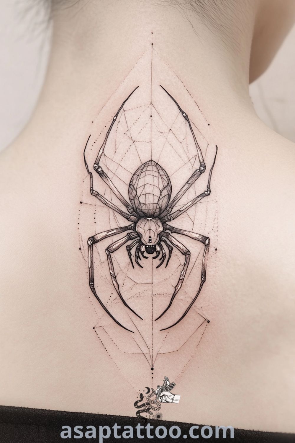Cyberpunk spider tattoo with intricate linework and geometric shapes in deep black ink, showcasing energy and depth against light skin. This amazing tattoo idea you must see to believe. asaptattoo.com