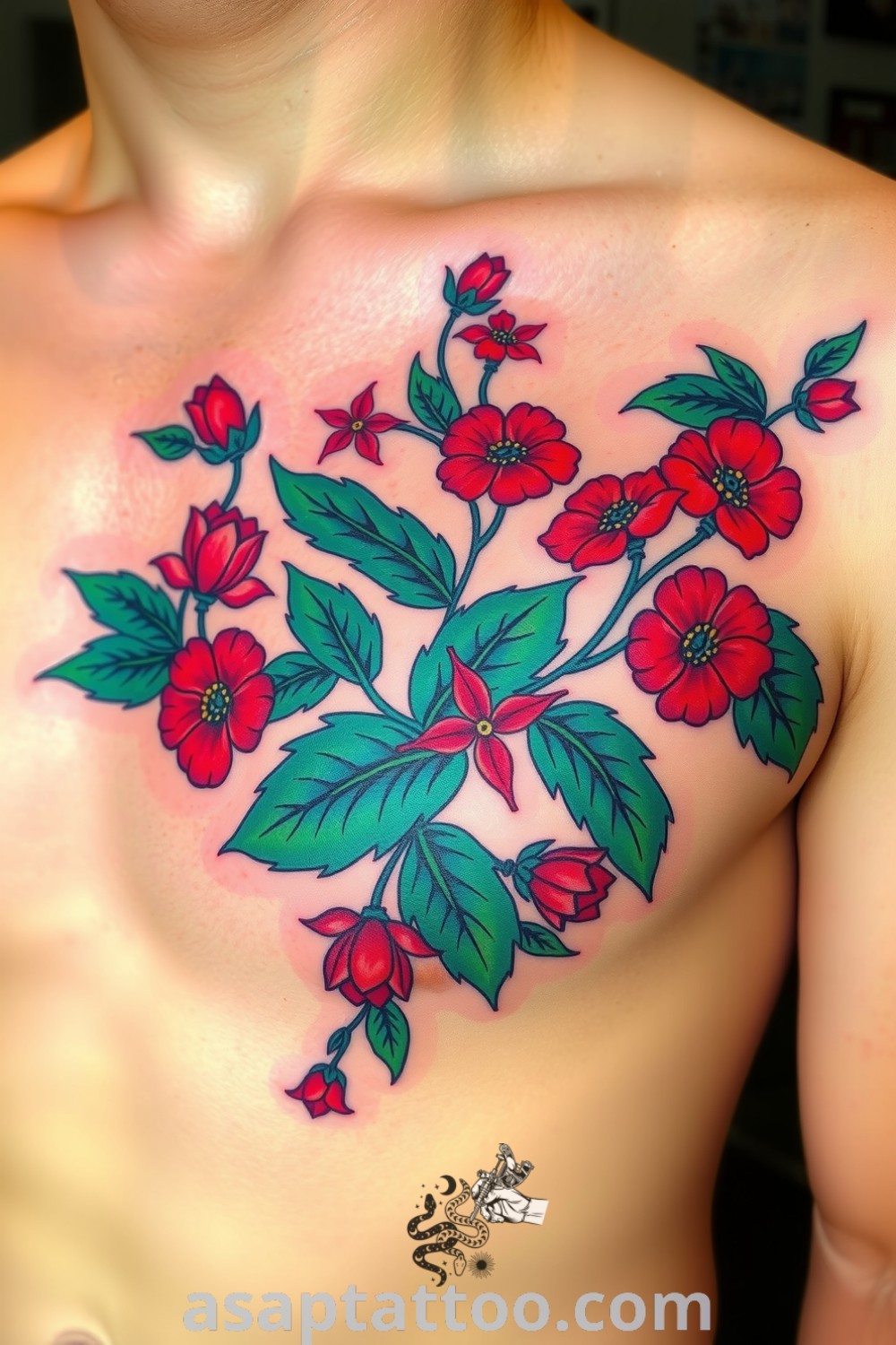 Neo-traditional plant tattoo with bold outlines and intricate designs in rich greens and deep reds, exemplifying elegance and personal meaning. An amazing tattoo idea you must see to believe. asaptattoo.com
