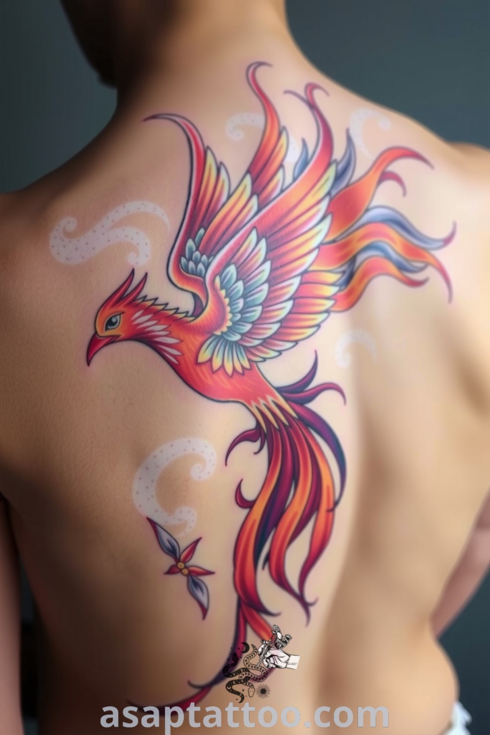 A stunning neo-Japanese tattoo of a vibrant phoenix in flight, featuring reds and golds with intricate linework. This elegant design represents rebirth and strength, a gorgeous tattoo idea you must see. asaptattoo.com