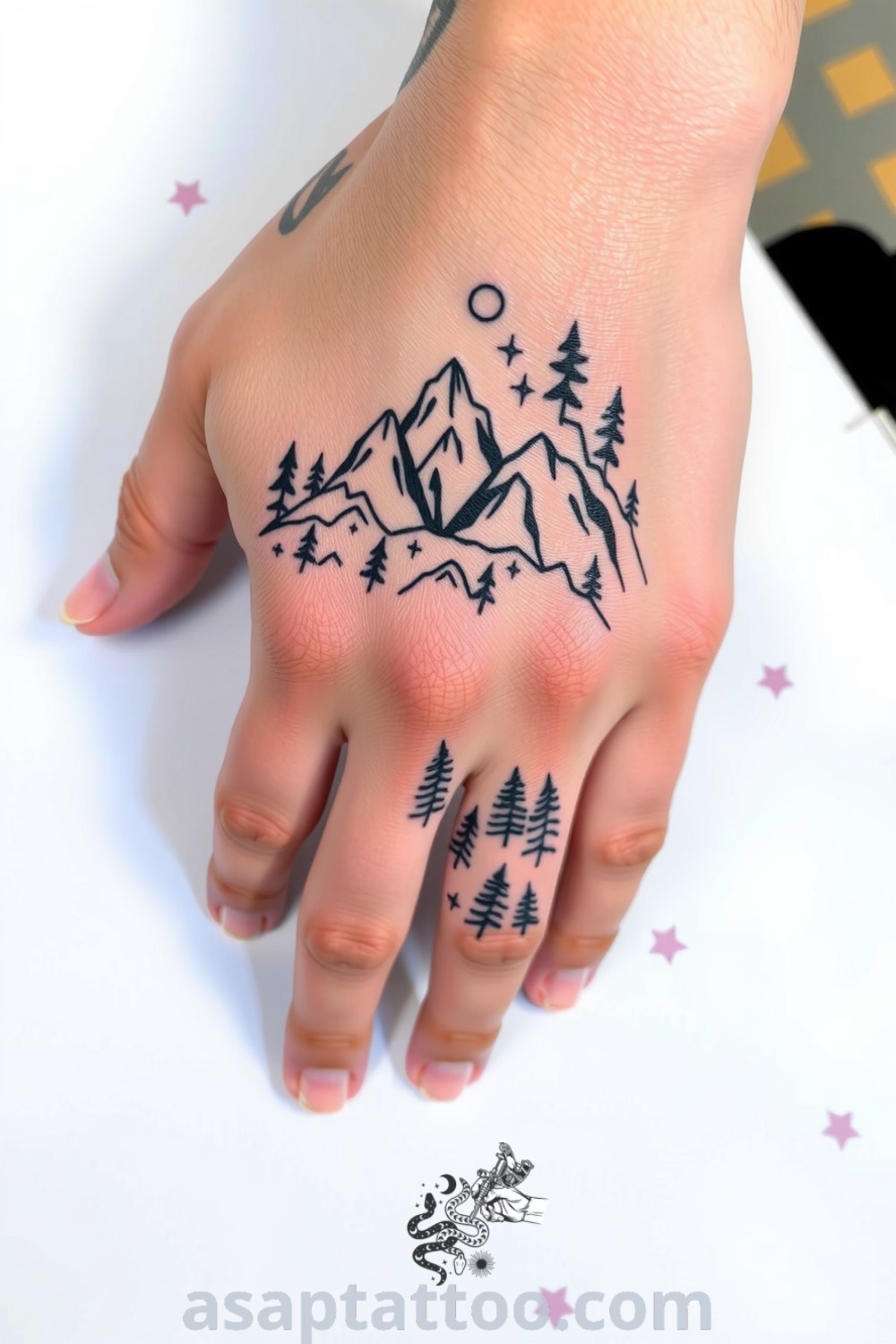 Intricate linework tattoo of mountains and forest with black ink, showcasing detailed peaks and valleys. An amazing tattoo idea that inspires adventure and connection to nature. asaptattoo.com