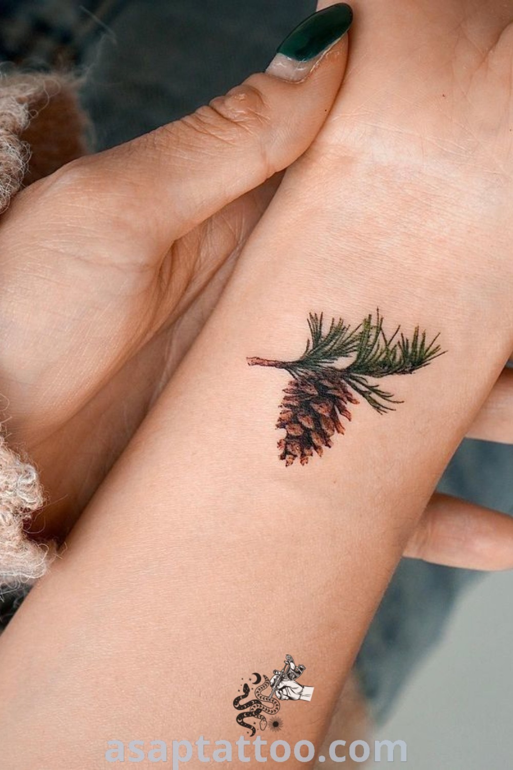 Simple pine cone tattoo on the left wrist showcasing intricate details, perfect for nature lovers. This design embodies elegance and meaning, making it an inspiring choice among tattoos to try right now. Explore more at asaptattoo.com.