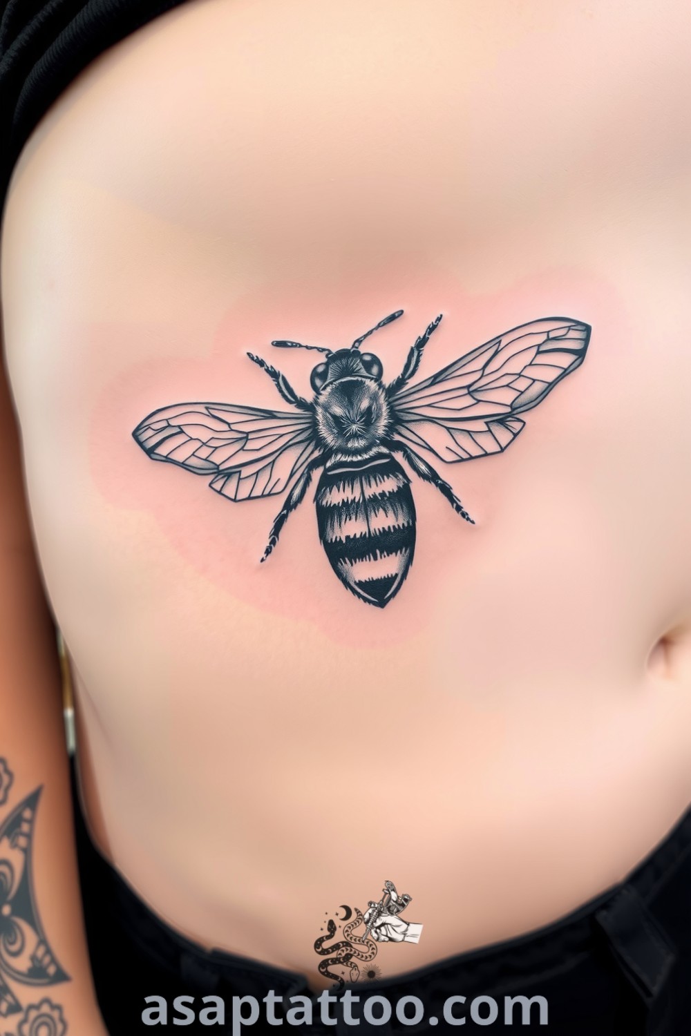 Architectural bee tattoo on ribcage featuring fine linework in black and grey, showcasing intricate details and harmonious design. A gorgeous tattoo idea you must see to believe. asaptattoo.com