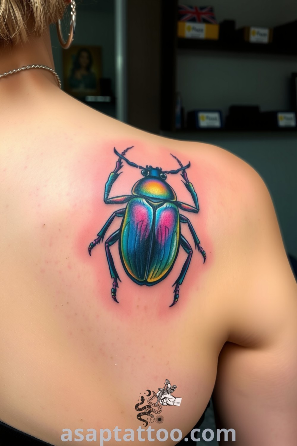 Realistic beetle tattoo with intricate details and vibrant colors showcasing an iridescent exoskeleton. This amazing piece is a must-see for anyone looking for inspiring tattoos to decorate your body with. asaptattoo.com