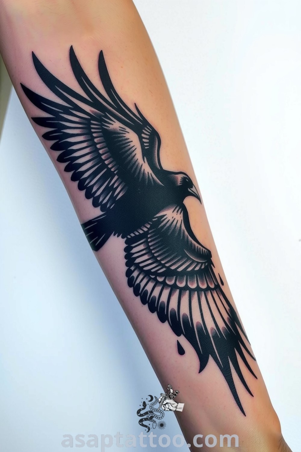 Grunge raven tattoo in flight with detailed linework and dark shades, symbolizing resilience. A captivating tattoo idea you must see to believe. asaptattoo.com