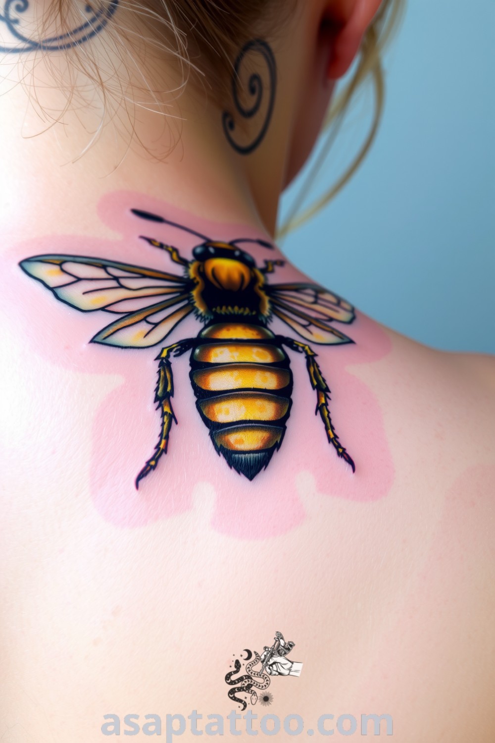 Intricate realistic bee tattoo showcasing detailed texture and vibrant colors, symbolizing harmony with nature. A gorgeous tattoo idea you must see to believe. asaptattoo.com