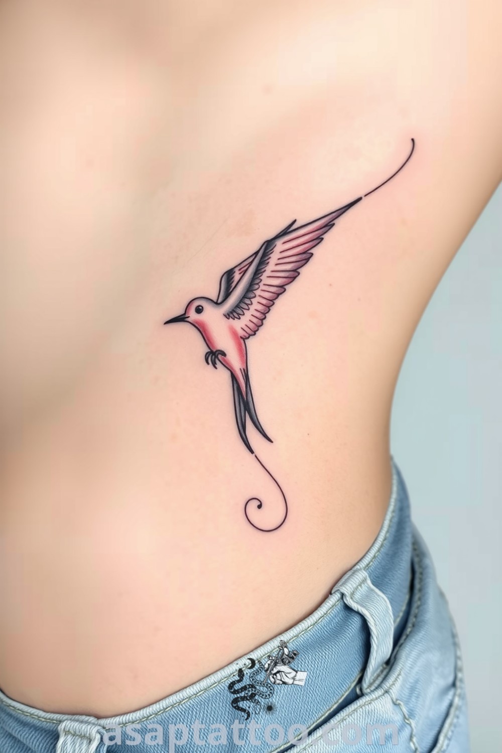 Ethereal ink mist bird tattoo arching along the ribs with soft, flowing lines and delicate shading, symbolizing freedom and hope. A gorgeous tattoo idea you must see to believe. asaptattoo.com