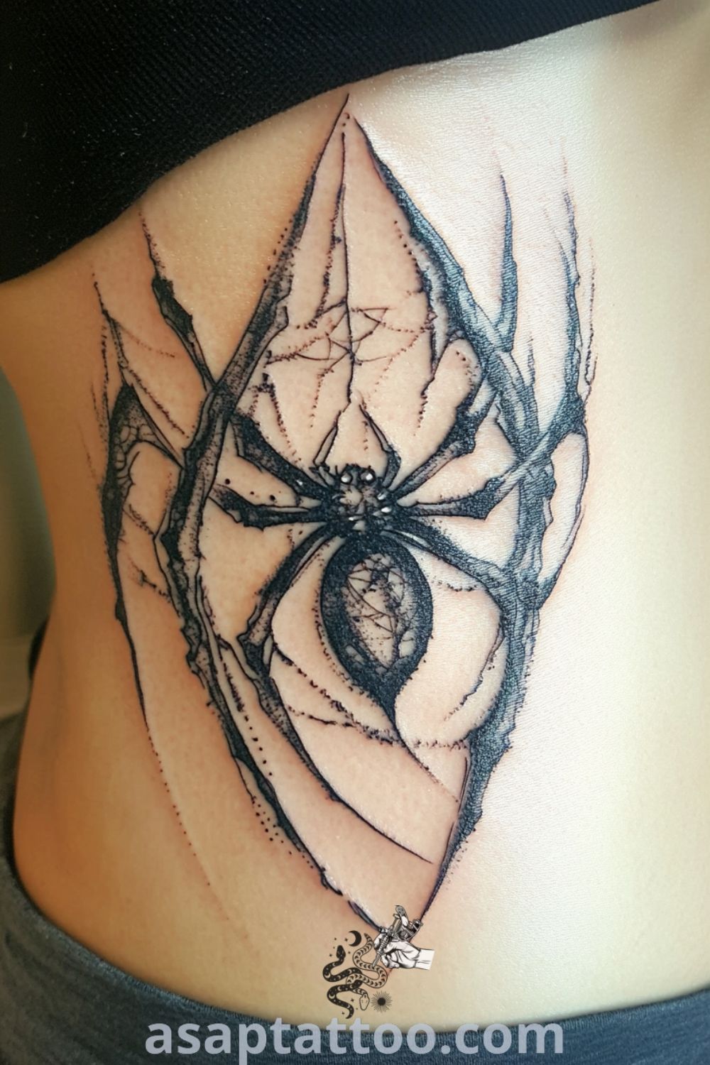 Abstract spider tattoo on ribcage with intricate linework, deep black and gray gradient, and white highlights, representing a striking and meaningful design. Best tattoo ideas you have to see to believe. asaptattoo.com