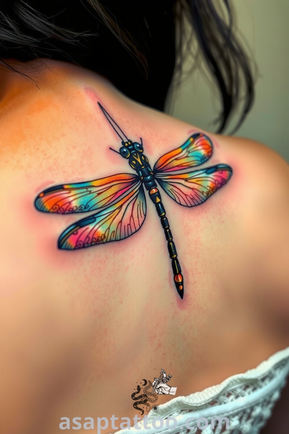 Intricate dragonfly tattoo on the spine with turquoise and gold hues, showcasing unique linework and lifelike gradients. This elegant tattoo symbolizes transformation and freedom, making it one of the best tattoo ideas you have to see to believe. asaptattoo.com