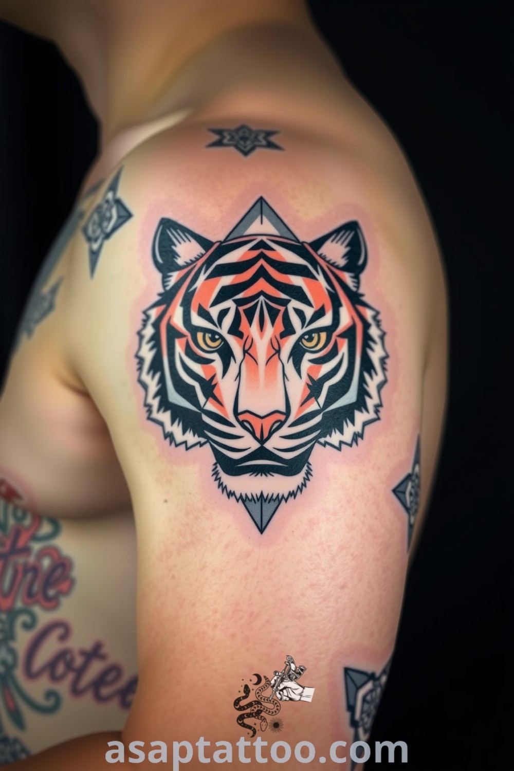 Geometric tiger tattoo featuring bold lines and intricate patterns, showcasing depth through shading and contrast. A stunning tattoo idea you must see to believe. asaptattoo.com