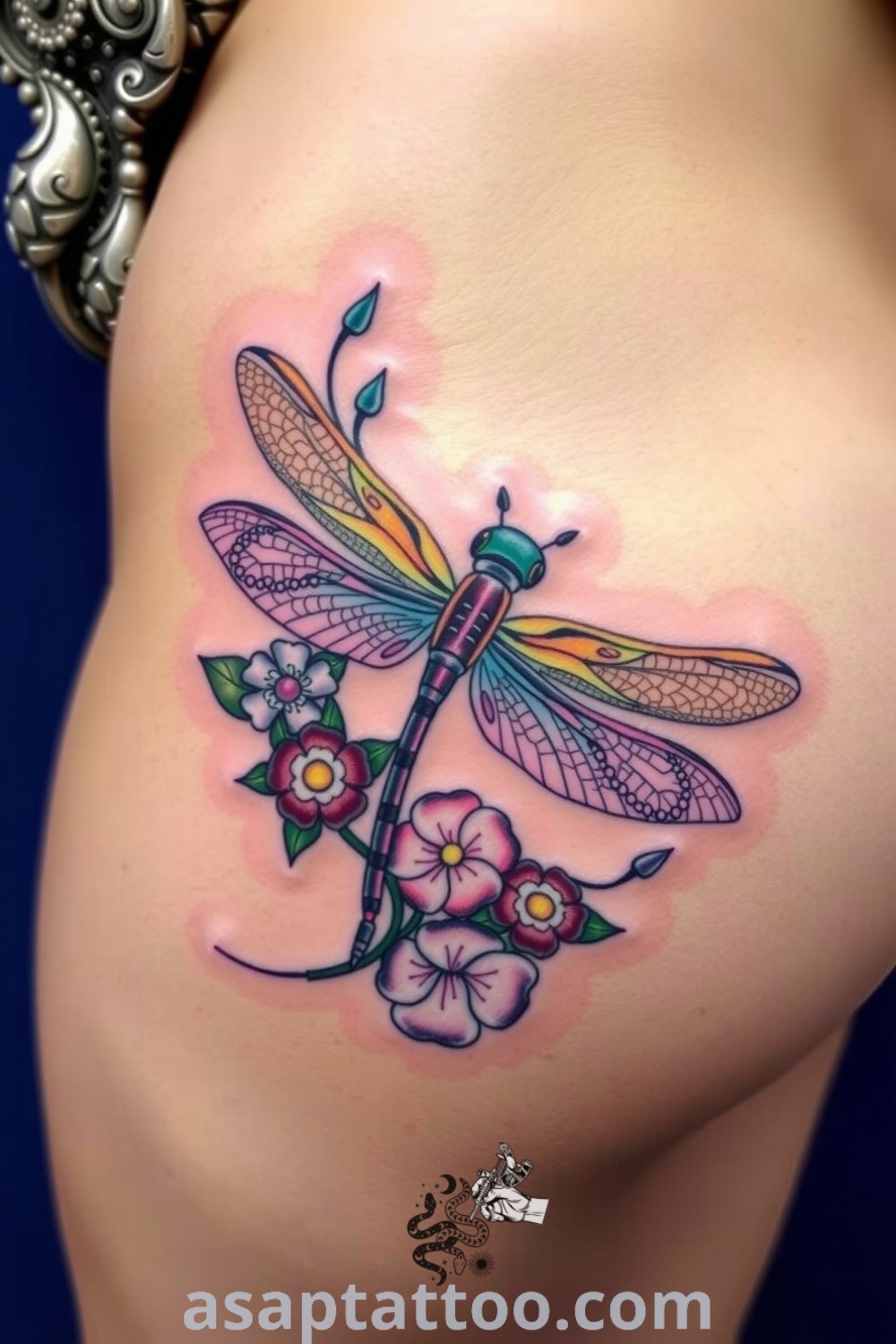 Floral dragonfly tattoo featuring intricate linework, vibrant colors, and delicate wing designs that evoke nature