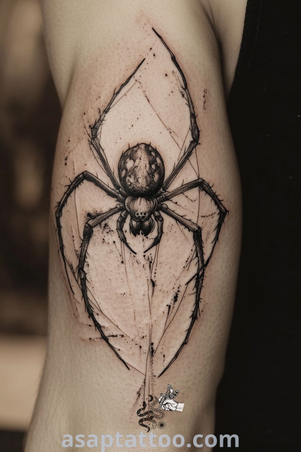 Grunge spider tattoo featuring intricate linework and shading on a muscular bicep, showcasing a striking design that beautifully combines strength and individuality. An amazing tattoo idea you must see to believe. asaptattoo.com