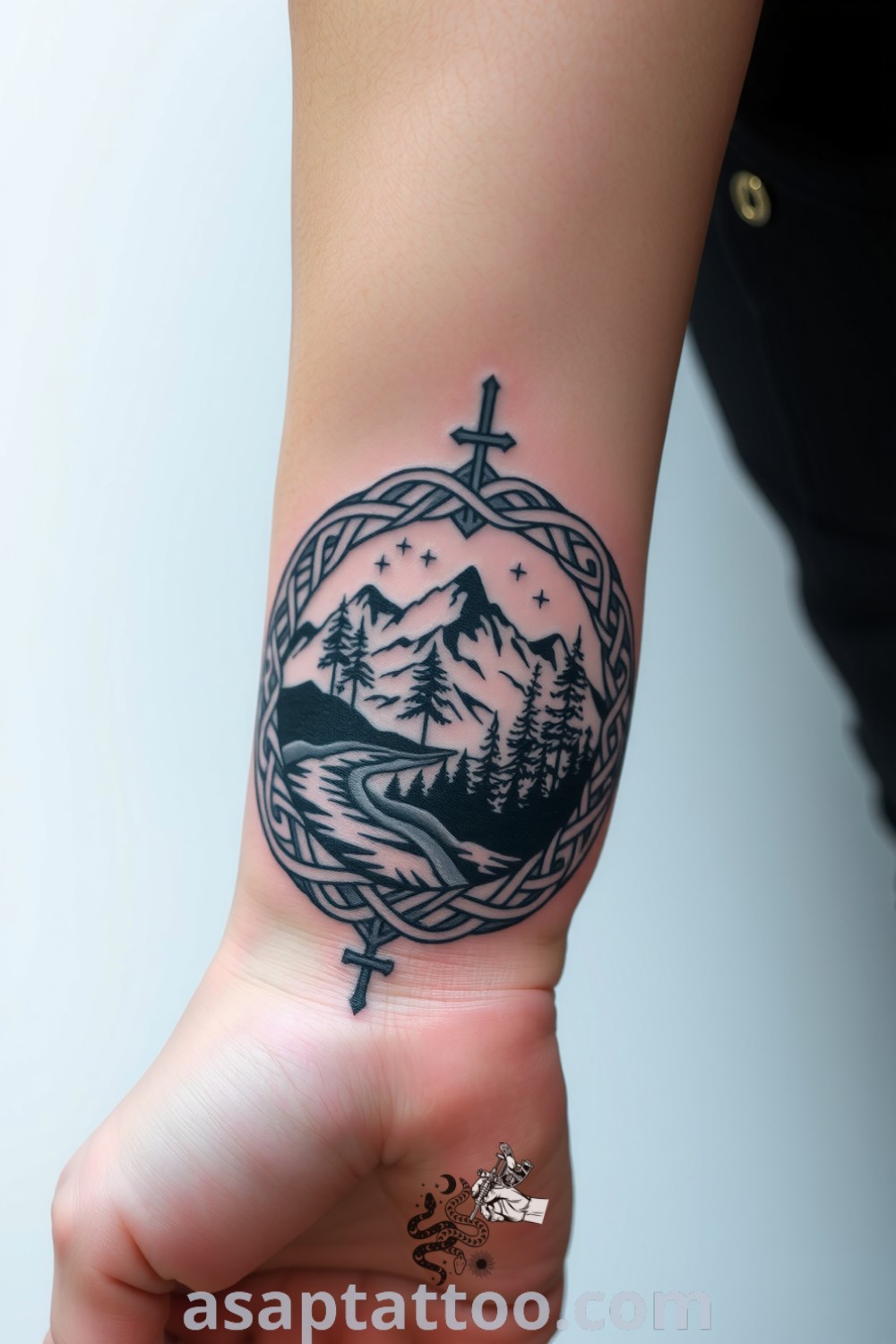 Celtic wrist tattoo showcasing intricate patterns with mountains and forests in rich black ink. A gorgeous and meaningful design that will inspire you to get inked. asaptattoo.com