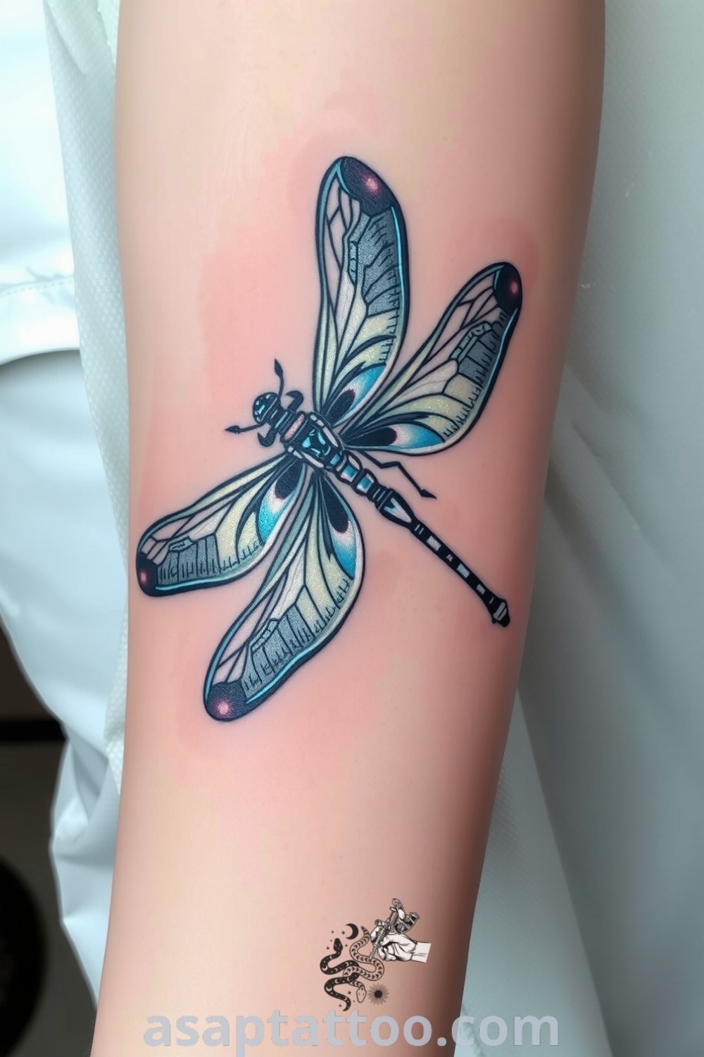 Intricate metallic dragonfly tattoo with shimmering blue and silver colors, detailed wing veins, and soft shading, symbolizing transformation. A gorgeous tattoo idea you must see to believe. asaptattoo.com