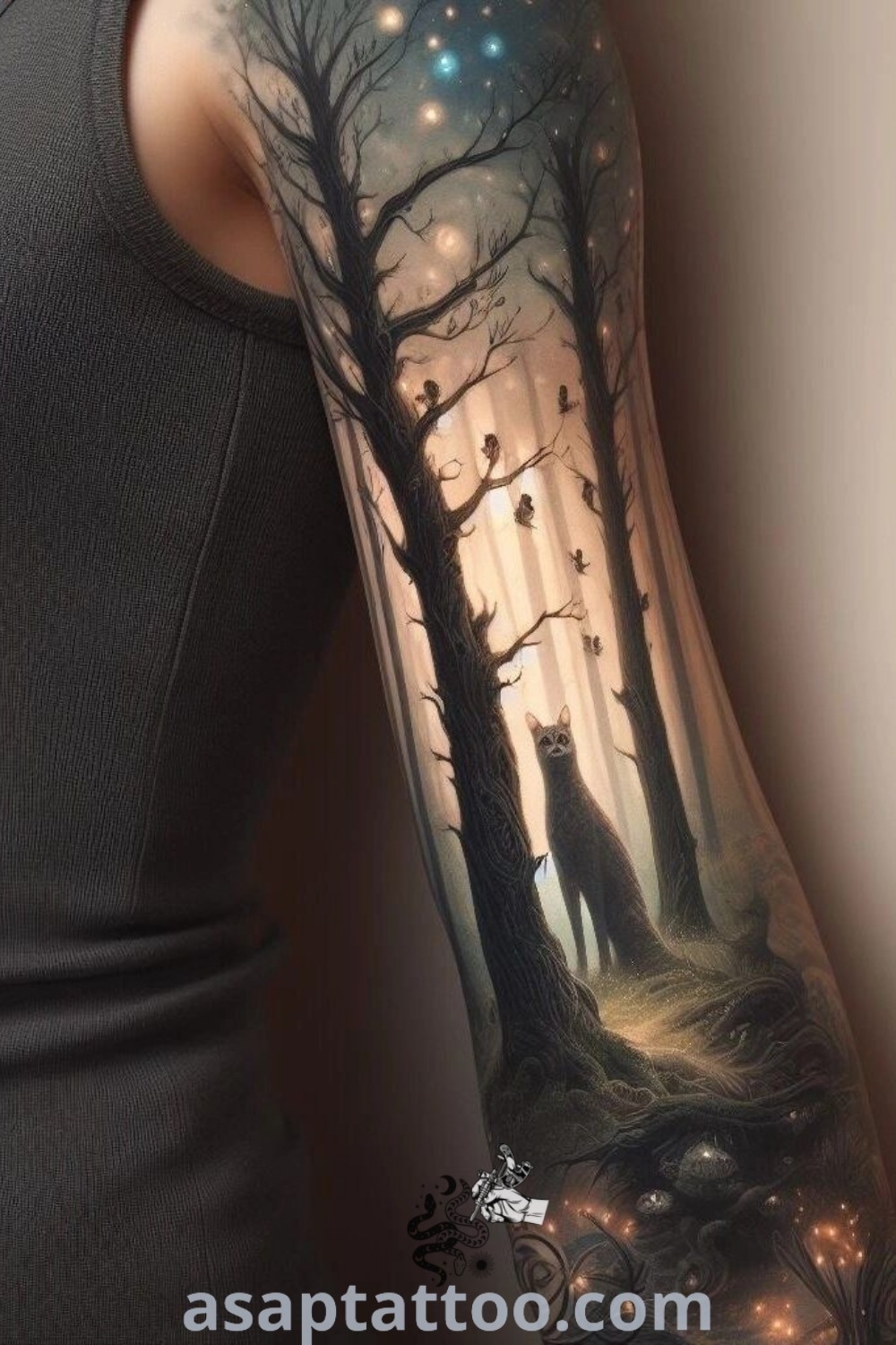 Whimsical forest sleeve tattoo of a woman
