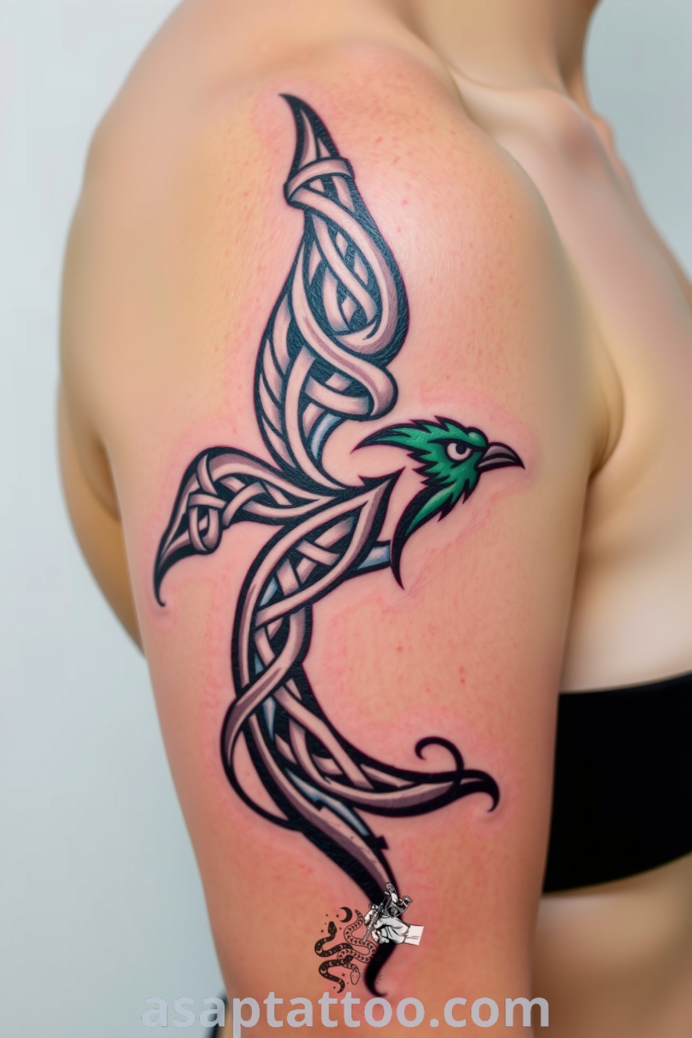 Celtic bird tattoo on upper arm featuring intricate knots and swirling patterns in deep blacks and greens. An elegant and meaningful tattoo idea that you must see to believe. asaptattoo.com