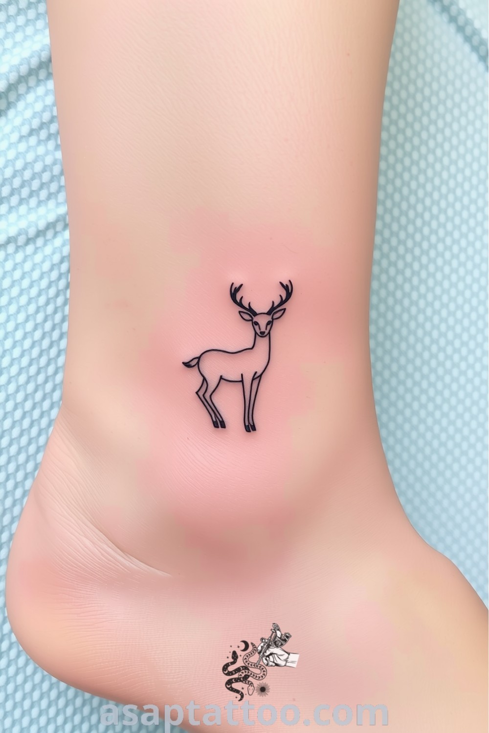 Minimalist deer tattoo with sleek lines and gentle curves on the ankle, depicting grace and serenity. A gorgeous tattoo design that you must see to believe. asaptattoo.com