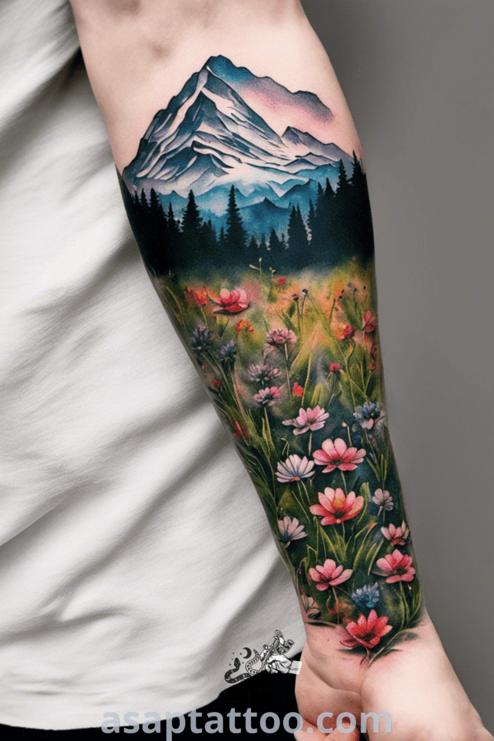 Vibrant mountain color tattoo showcasing the beauty of the Blue Ridge Mountains and serene river scenes. A perfect choice for tattoo lovers looking for amazing designs with meaning. Discover more at asaptattoo.com.