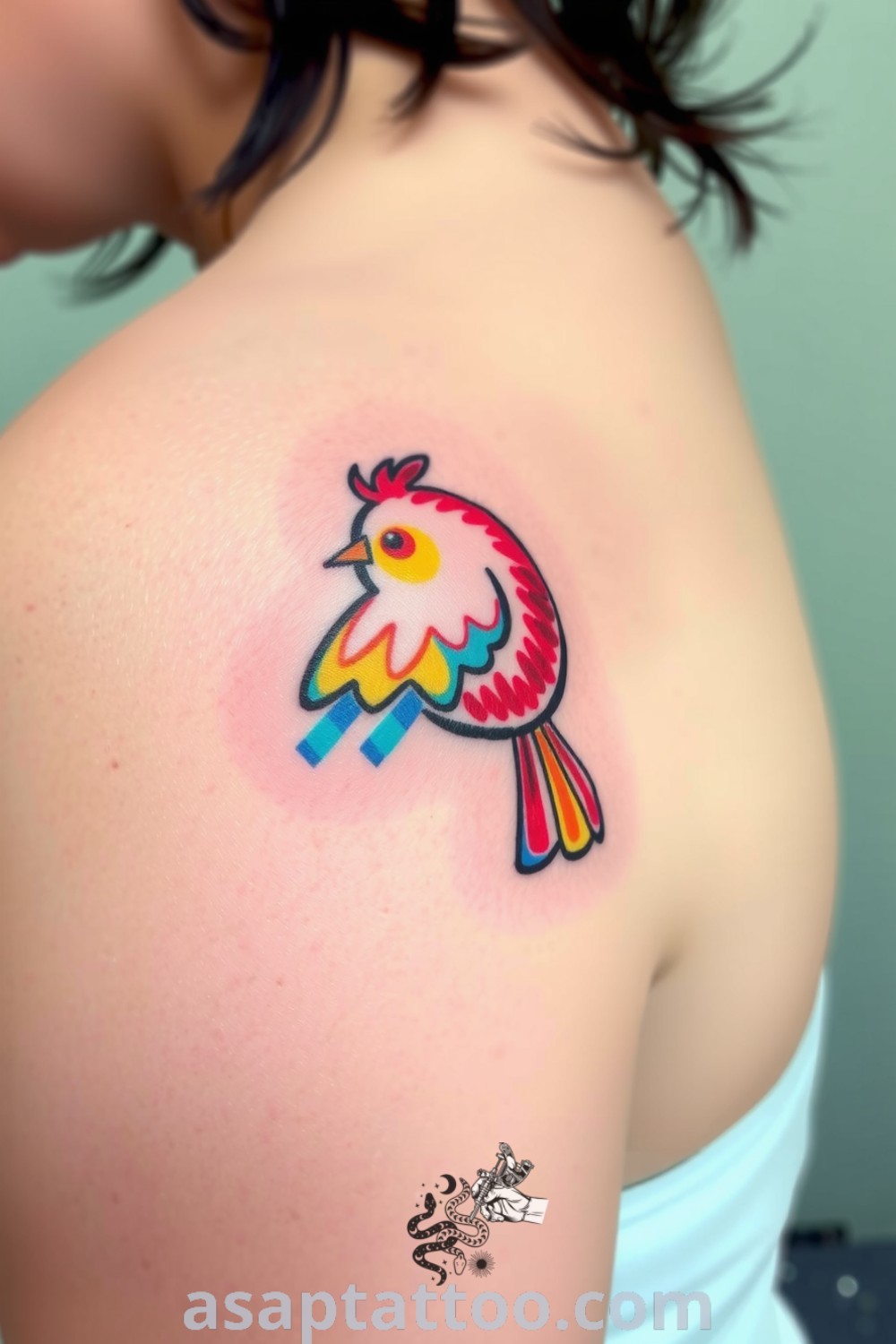 Whimsical crayon-style bird tattoo with vibrant red, blue, and yellow hues, featuring imperfect lines for authenticity. A gorgeous tattoo idea that inspires joy and freedom, you must see. asaptattoo.com