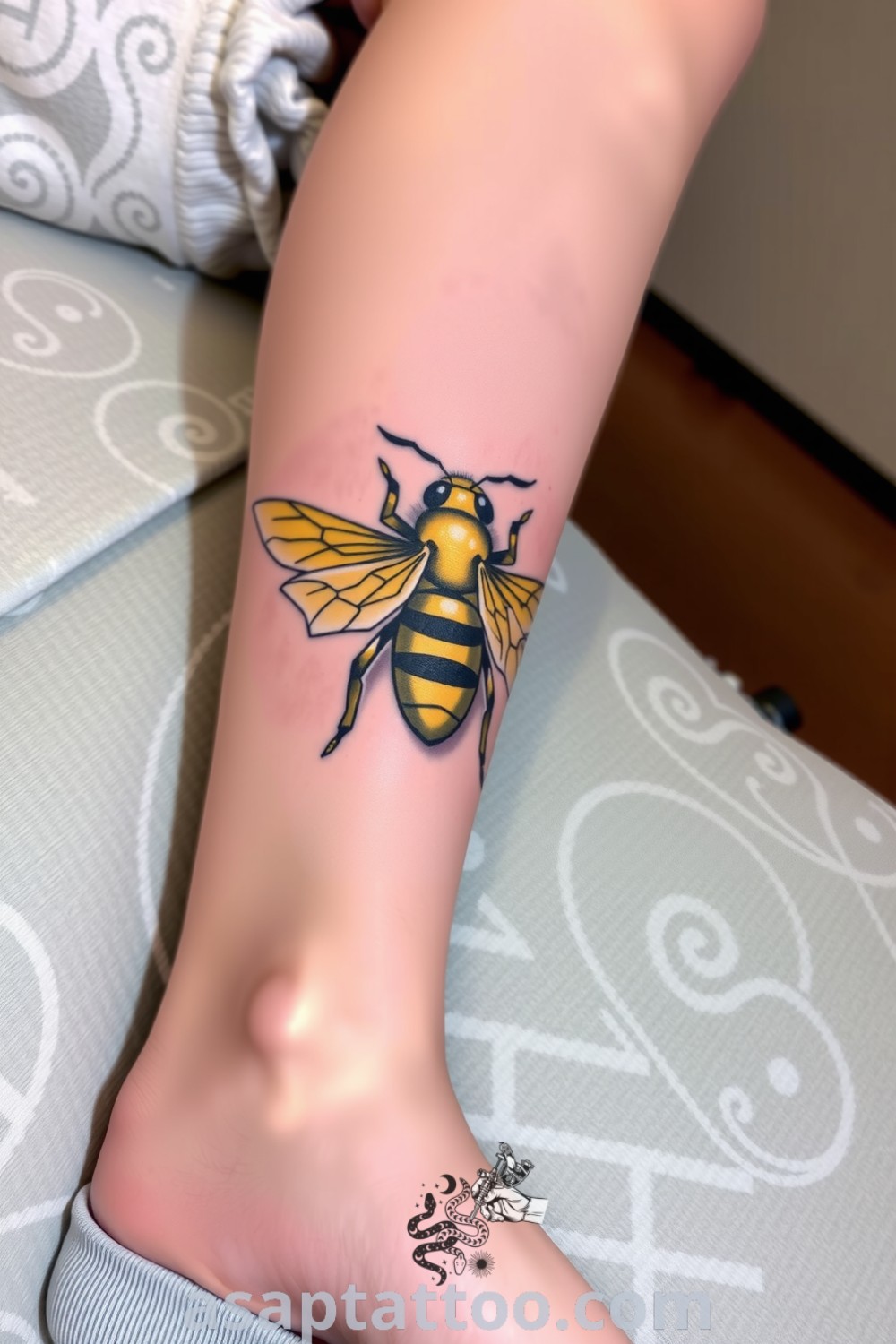 Abstract bee tattoo with swirling lines and geometric shapes in gold and black, showcasing intricate details and lifelike quality. A gorgeous tattoo idea you must see to believe. asaptattoo.com