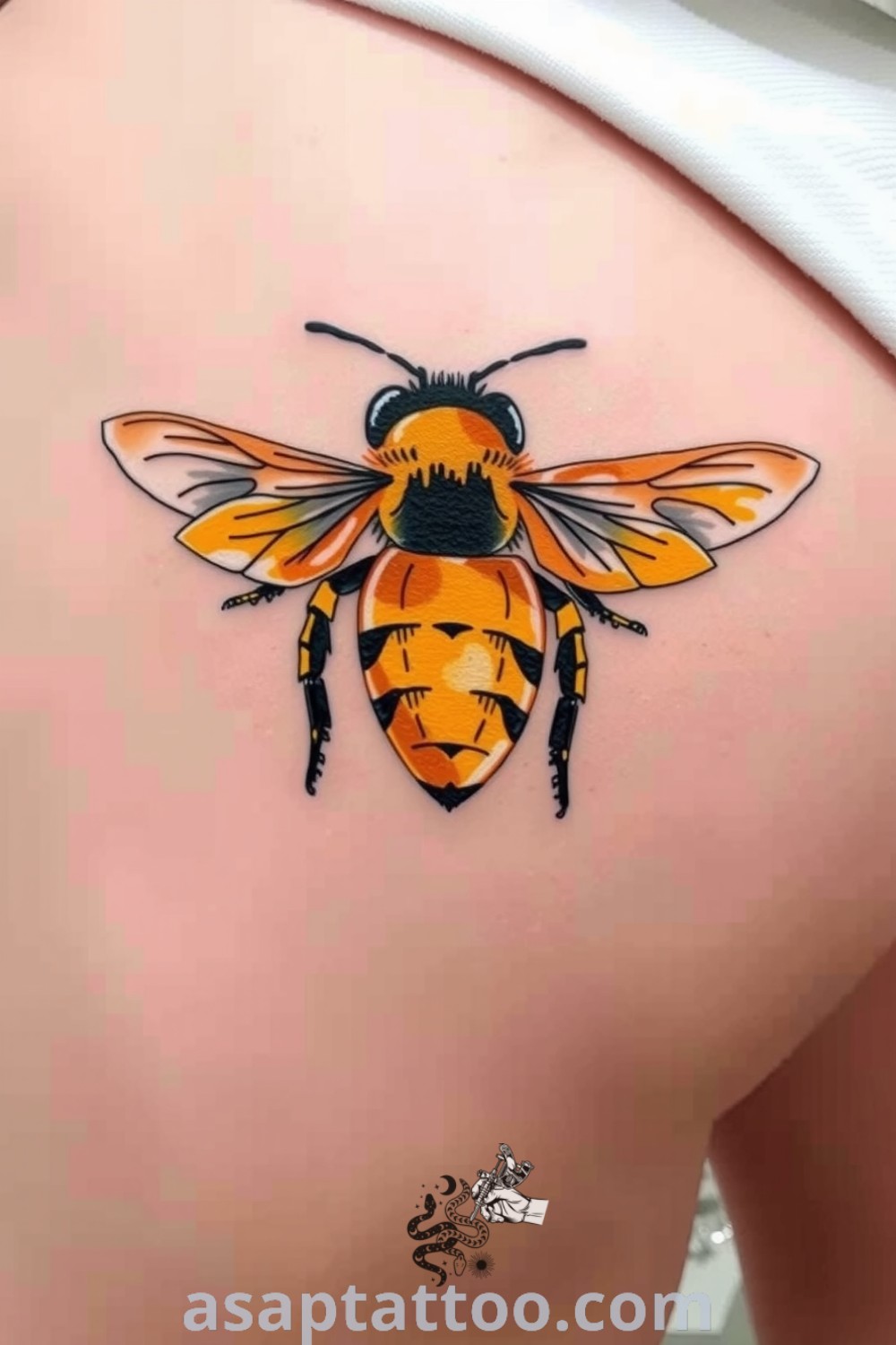 Bee tattoo with brushstroke style, showcasing yellow and black colors with intricate details and gradients that inspire you to get inked. asaptattoo.com