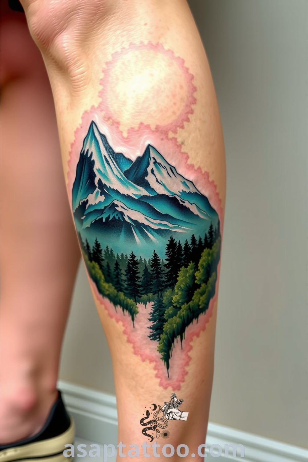 Cyberpunk tattoo of mountains and forest with deep greens and blues, featuring intricate linework and gradients, perfect for nature lovers and urban aesthetics. Best tattoo ideas you have to see to believe. asaptattoo.com