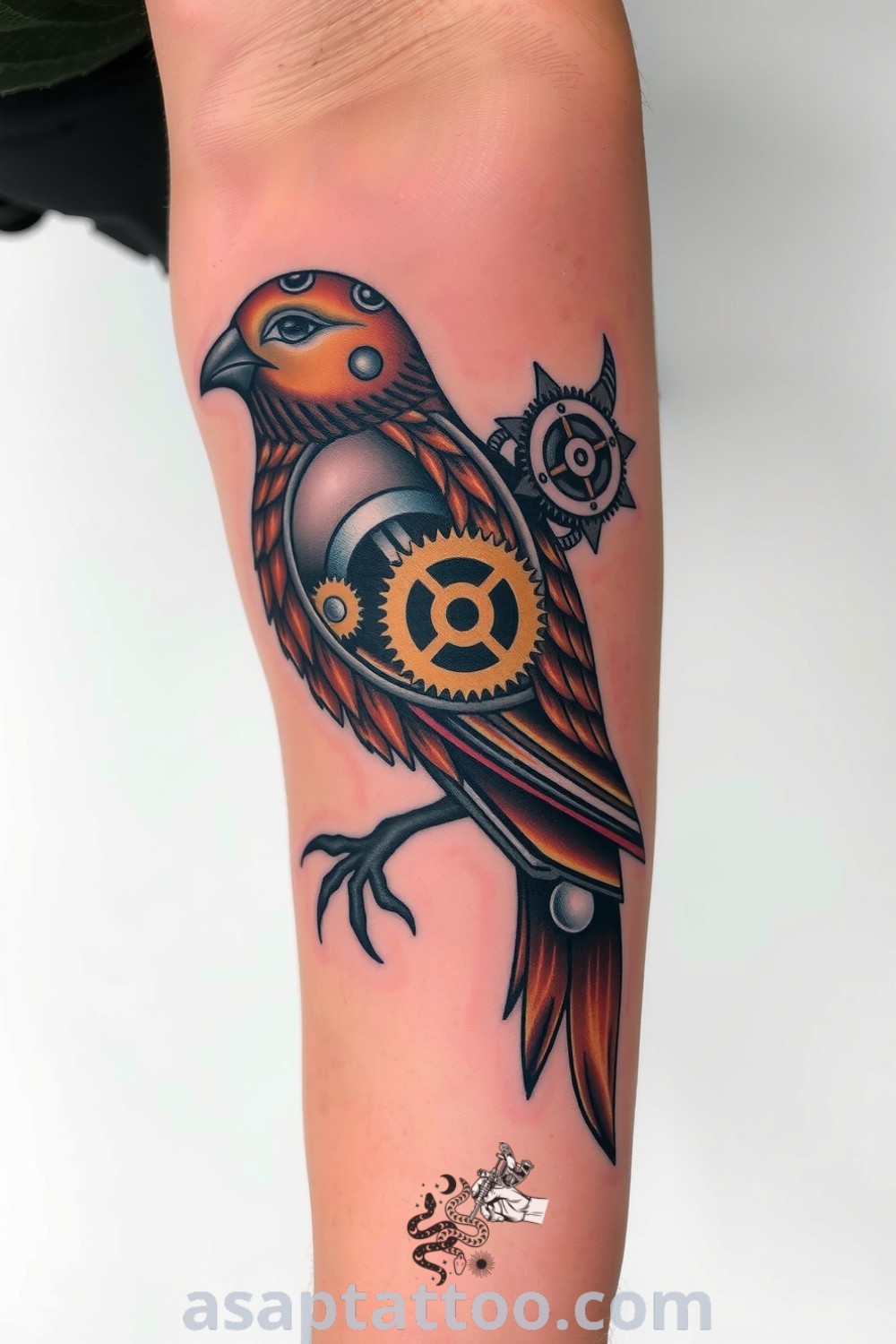 Steampunk bird tattoo with intricate cogs and gears in wings and body, featuring rich browns and metallic silvers. A gorgeous tattoo idea to try right now that you will absolutely love. asaptattoo.com