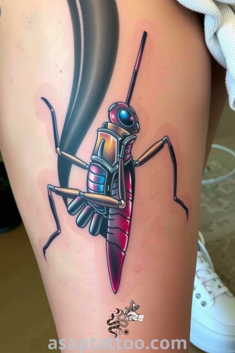 Cybernetic grasshopper tattoo featuring intricate details, vibrant color gradients, and metallic tones. A striking piece that beautifully blends nature and technology, making it one of the best tattoo ideas you have to see to believe. asaptattoo.com