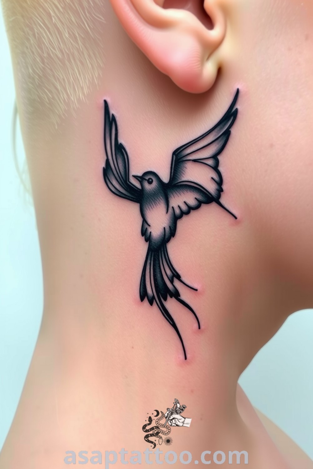 Ink wash bird tattoo on neck with graceful lines and gradients in black and grey, showcasing freedom and elegance. A gorgeous tattoo idea you must see to believe. asaptattoo.com