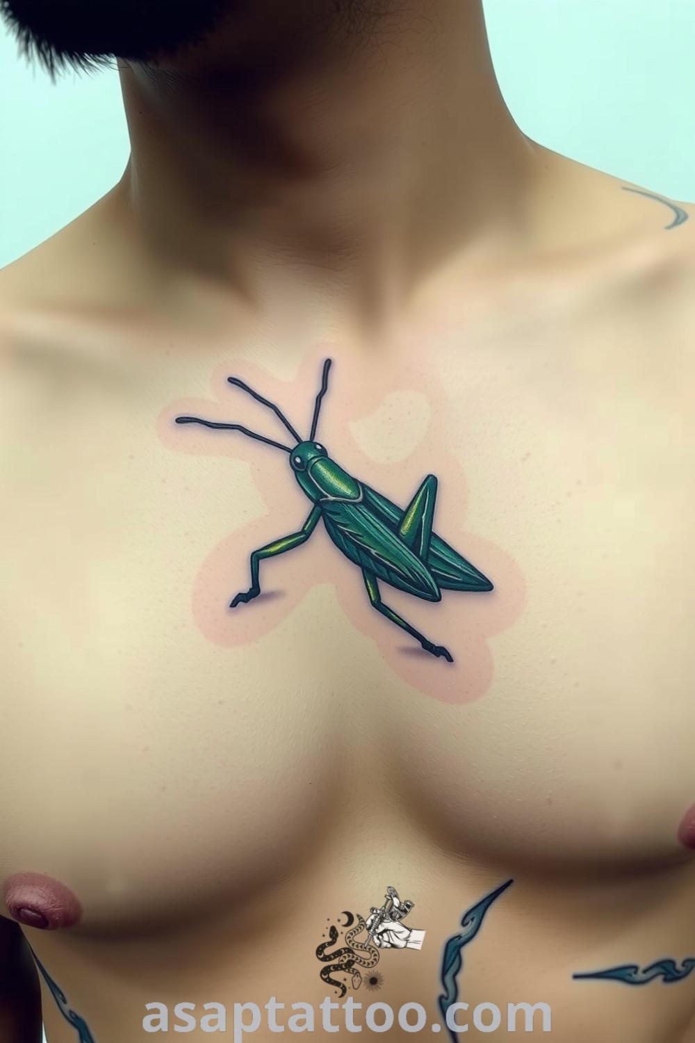 Gothic grasshopper tattoo with intricate linework in deep black and muted green, symbolizing transformation and resilience. A stunning tattoo idea you must see to believe. asaptattoo.com