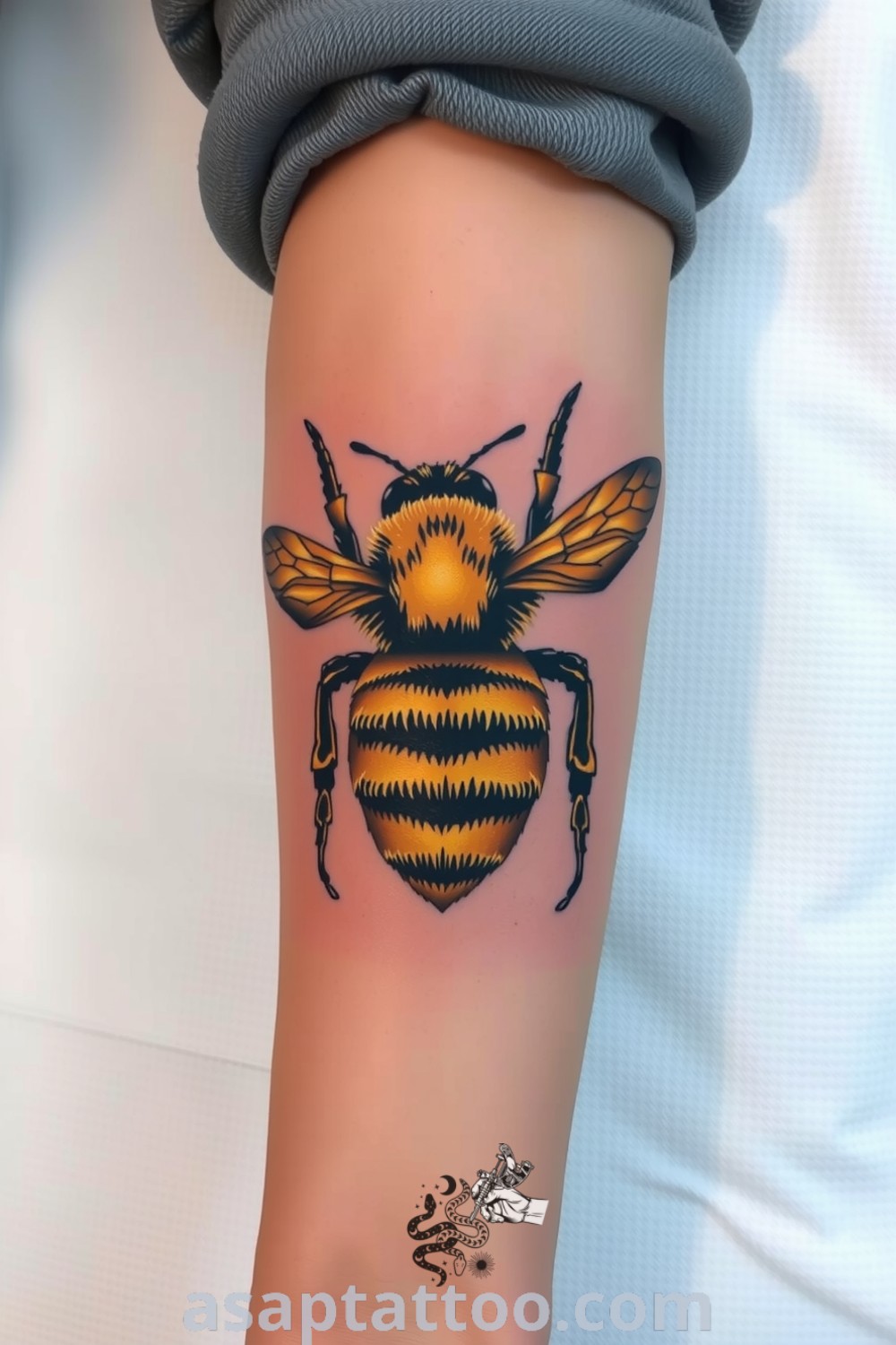 Neo-traditional bee tattoo with intricate linework in gold and black, showcasing detailed wings and body. A gorgeous design that will inspire you to get inked. asaptattoo.com