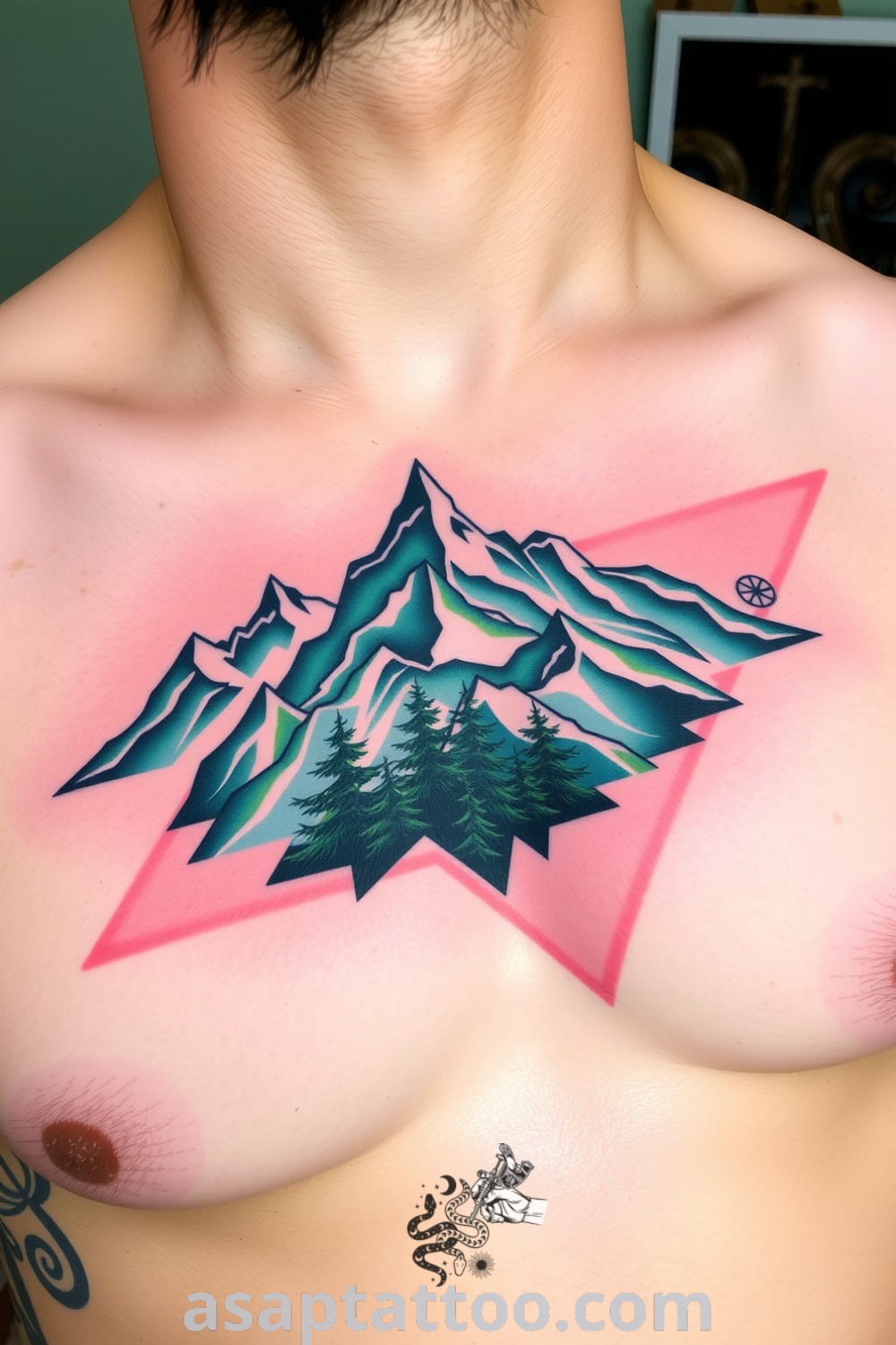 Neo-traditional tattoo of majestic mountains and a lush forest with vibrant greens and deep blues, beautifully detailed and contrasting against light skin. An amazing tattoo idea you must see to believe. asaptattoo.com